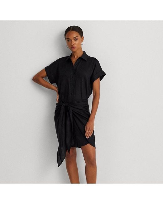 Vestido camisero anudado de lino Lauren by Ralph Lauren de color Black