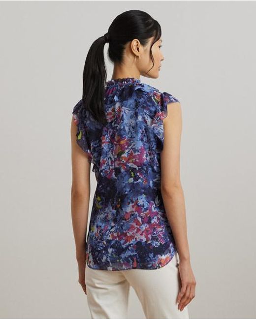 Ralph Lauren Georgette Blouse Met Ruches En Print in het Blue