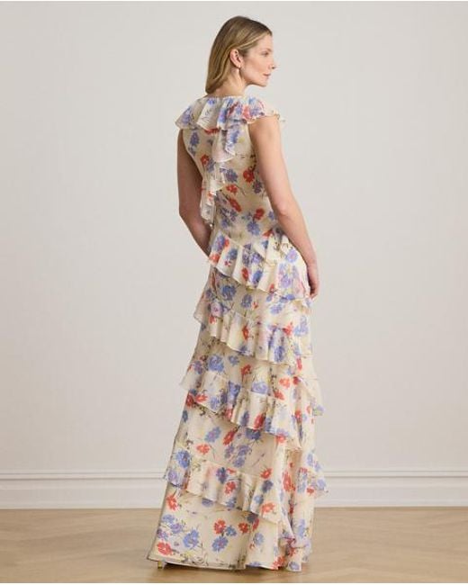 Ralph Lauren Natural Floral Ruffle-Trim Georgette Tiered Gown