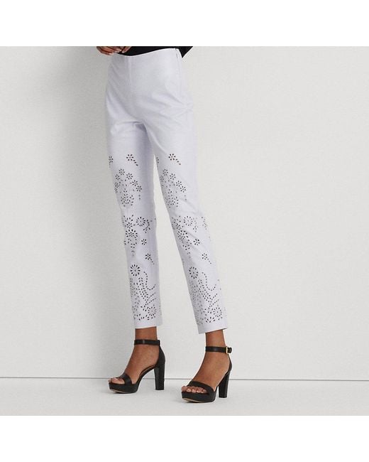 Ralph Lauren White Ralph Lauren Eyelet-embroidered Leather Ankle Pant