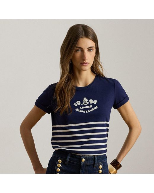 Ralph Lauren Blue Striped Embroidered-Logo Jersey Tee