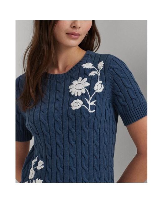 Lauren by Ralph Lauren Blue Floral Cable-knit Short-sleeve Jumper