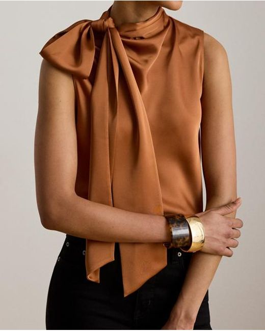 Ralph Lauren Brown Tie-Neck Charmeuse Sleeveless Blouse