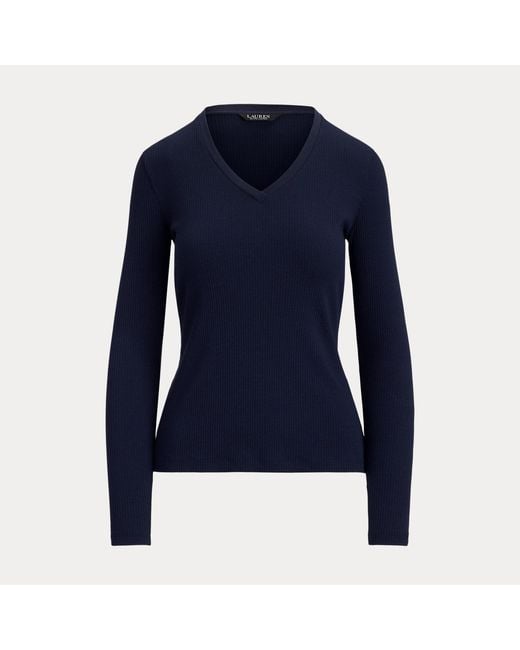 Ralph Lauren Blue Rib-Knit Long-Sleeve V-Neck Top