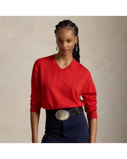 Polo Ralph Lauren Red Wool V-Neck Jumper