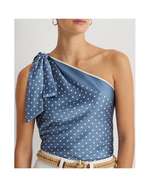 Lauren by Ralph Lauren Blue Einschultrige Bluse mit Punktemuster