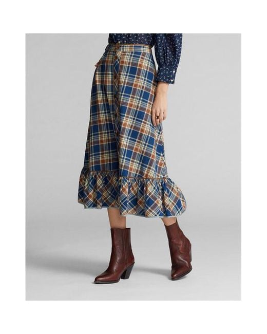 RRL Blue Indigo Plaid Cotton-linen Skirt
