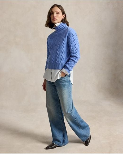 Polo Ralph Lauren Blue Cable-Knit Wool-Cashmere Rollneck