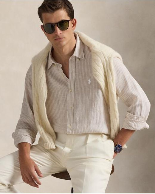 Polo Ralph Lauren Gray Custom Fit Striped Linen Shirt for men