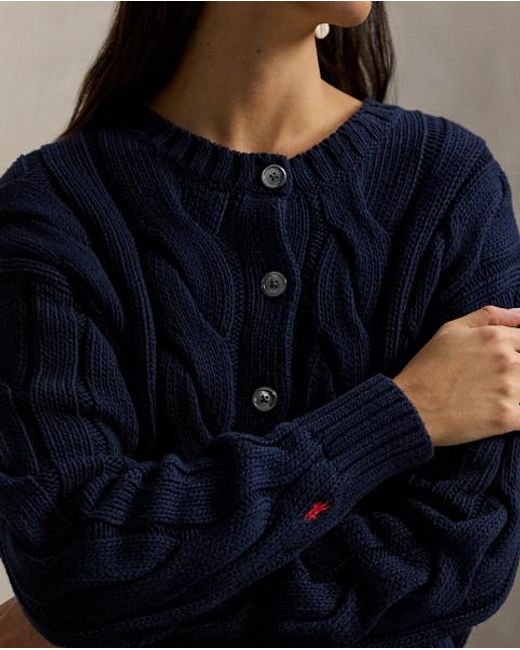 Polo Ralph Lauren Blue Cable-Knit Cotton Crewneck Cardigan