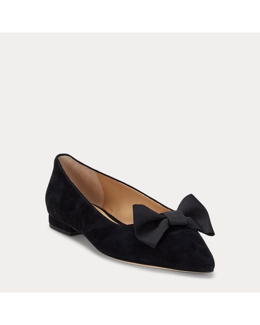 Ralph Lauren Black Londyn Bow-Trim Suede Ballet Flat