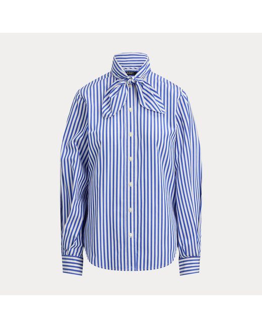 Ralph Lauren Blue Striped Cotton Broadcloth Tie-Neck Shirt