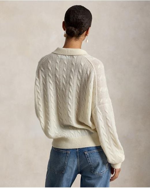 Polo Ralph Lauren White Cable Wool-Cashmere Polo-Collar Jumper