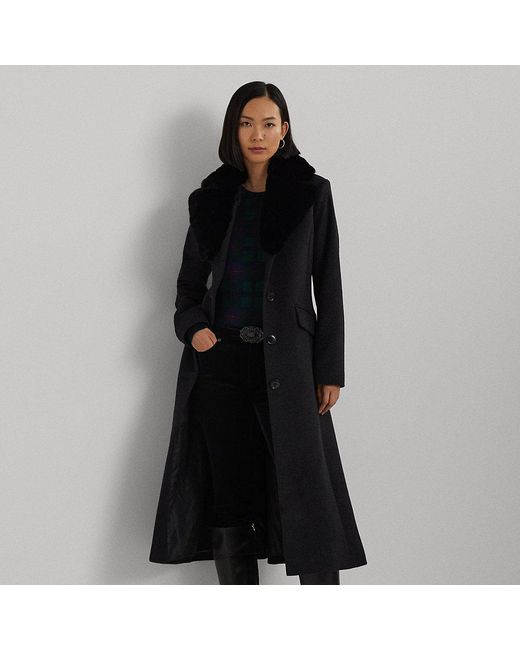 Ralph Lauren Black Faux-fur-collar Wool-blend Coat