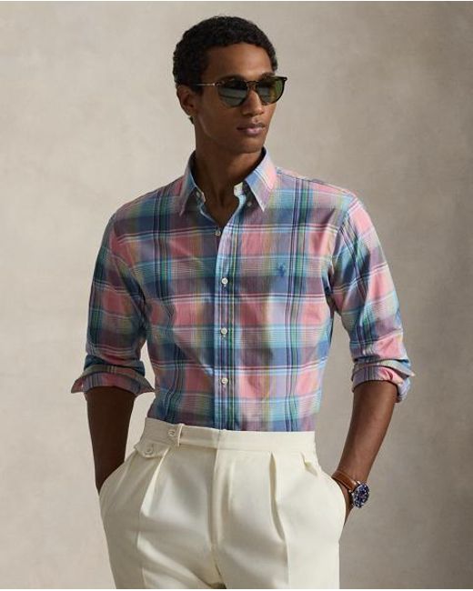 Polo Ralph Lauren Blue Custom Fit Plaid Poplin Shirt for men