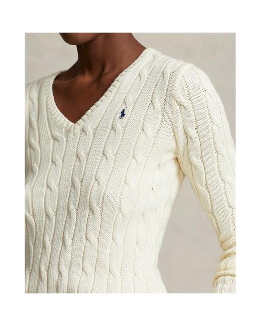 Ralph Lauren White Cable-knit Cotton V-neck Sweater