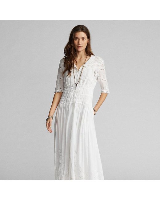 RRL White Baumwollvoile-Kleid mit Spitzenbesatz