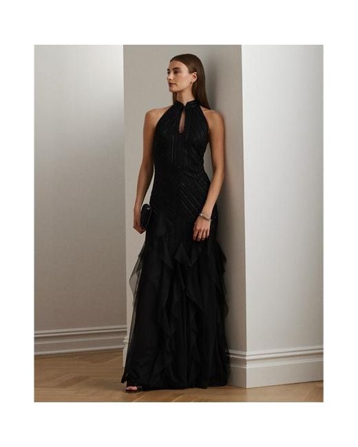 Ralph Lauren Ruffle-trim Beaded Mesh Halter Gown in Blue