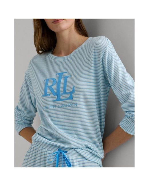 Lauren by Ralph Lauren Gestreepte Jersey Pyjamaset In Katoenmix in het Blue