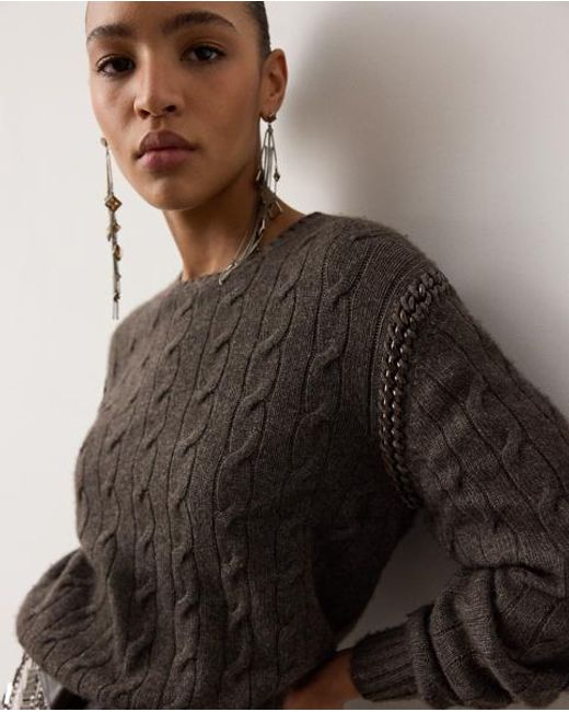 Ralph Lauren Black Chain-Trim Cable Cashmere Sweater