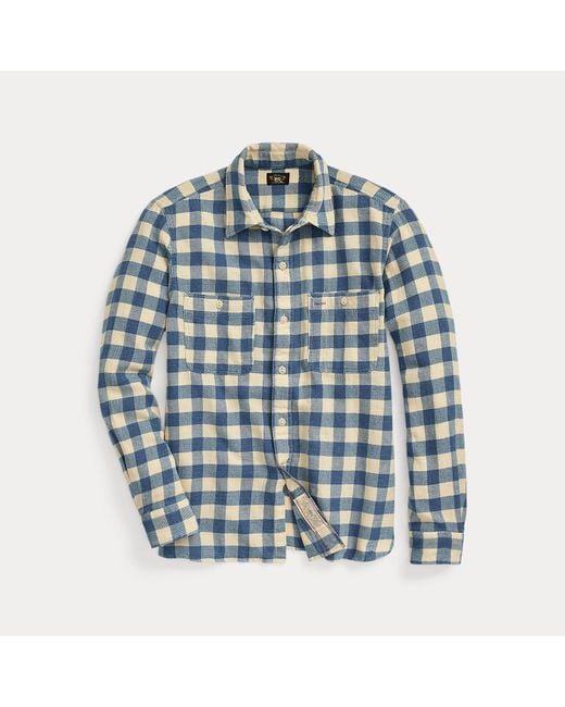 Camisa De Algodón Y Lino De Cuadros RRL de color Blue
