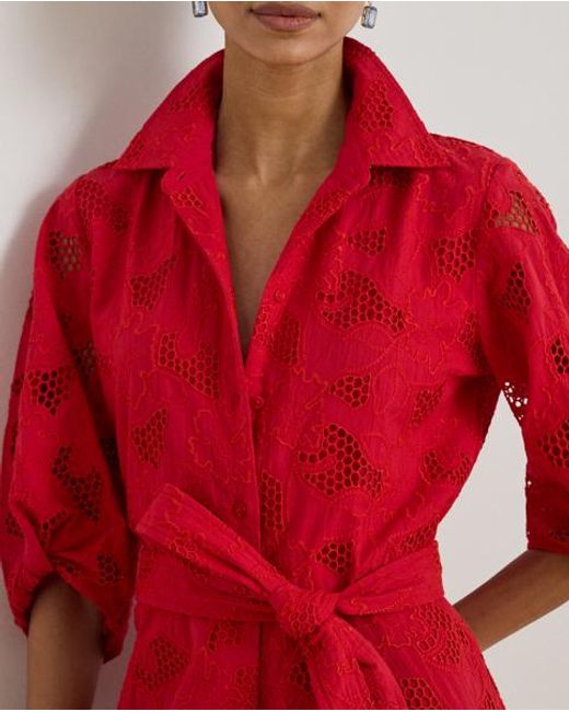 Ralph Lauren Red Eyelet Voile Balloon-Sleeve Shirtdress