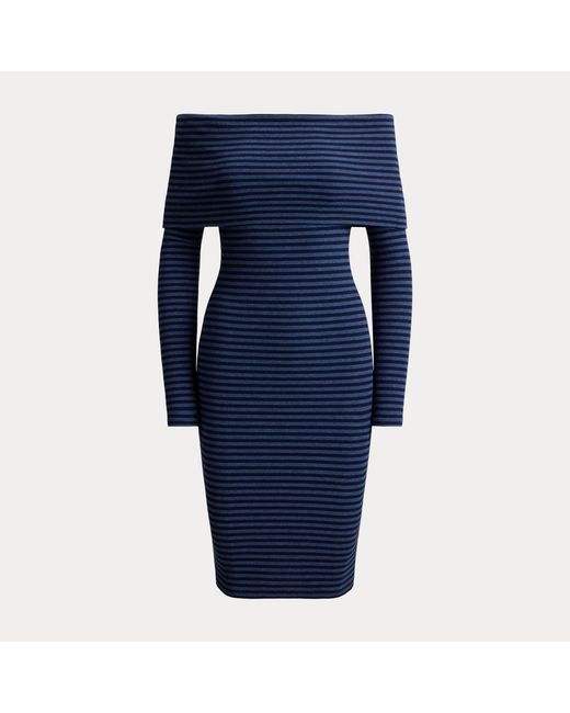 Ralph Lauren Blue Striped Rib-Knit Off-The-Shoulder Dress