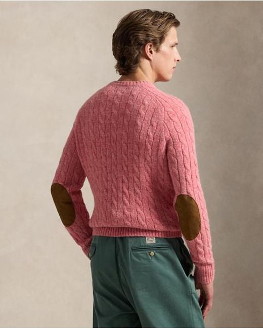 Polo Ralph Lauren Red Suede-Patch Cable-Knit Sweater for men