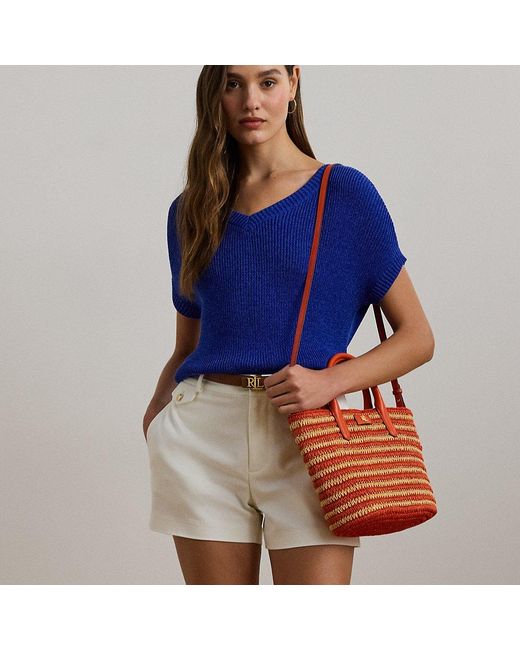 Ralph Lauren Red Striped Straw Medium Brie Tote Bag