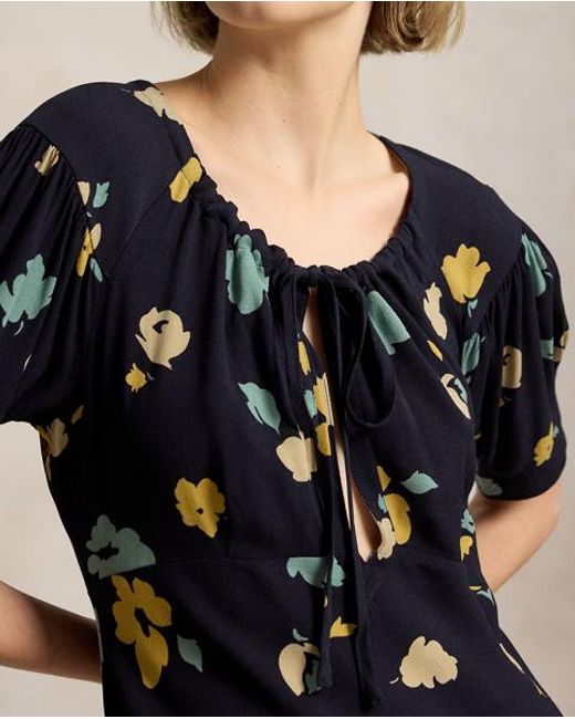 Ralph Lauren Black Floral-Print Crepe Dress