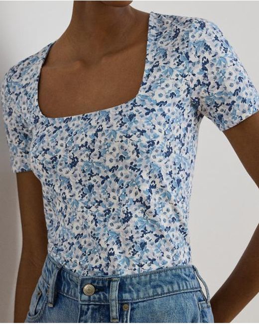 Ralph Lauren Blue Floral Cotton Jersey Square-Neck Top