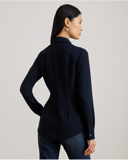 Ralph Lauren Blue Buckle-Trim Georgette Blouse