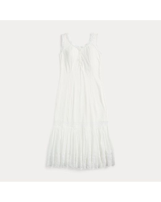 RRL White Baumwoll-Leinen-Kleid mit Lochstickerei