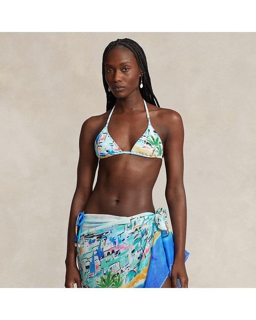 Polo Ralph Lauren Blue Neckholder-Bikinitop mit Tropenmuster