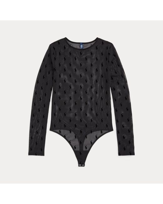 Polo Ralph Lauren Black Flocked-pony Mesh Thong Bodysuit