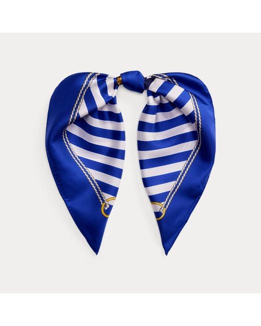 Ralph Lauren Blue Striped Anchor-Crest Silk Square Scarf