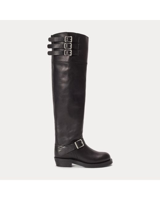 Polo Ralph Lauren Black Burnished Leather Tall Moto Boot