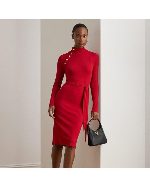 Ralph Lauren Red Button-Trim Rib-Knit Mockneck Dress