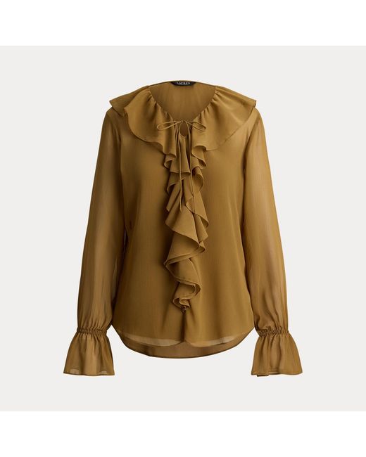 Ralph Lauren Brown Ruffle-Trim Crinkle Georgette Blouse