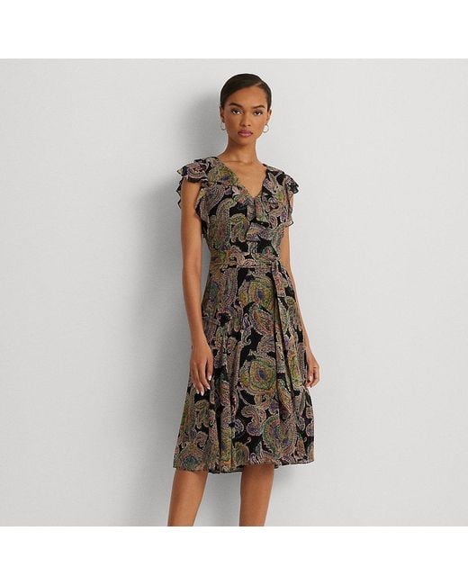 Ralph Lauren Green Paisley Belted Crinkle Georgette Dress