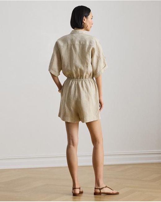 Ralph Lauren Natural Striped Linen Roll-Tab-Sleeve Romper