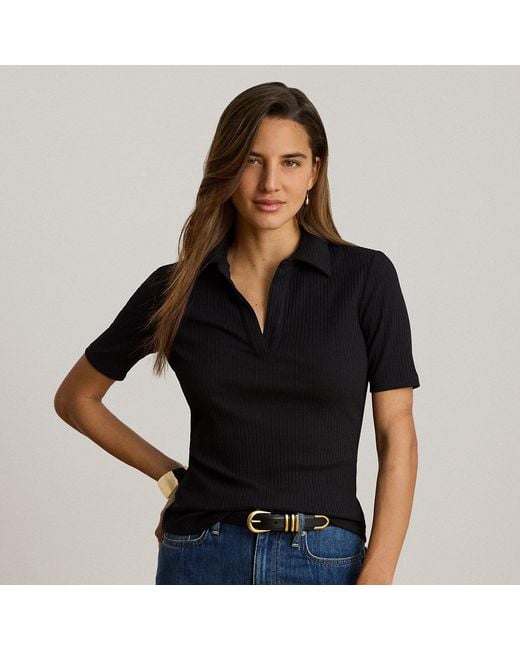 Ralph Lauren Black Rib-Knit Elbow-Sleeve Polo Tee