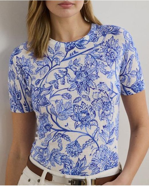 Ralph Lauren Blue Geblümter Kurzarmpullover Mit Leinen