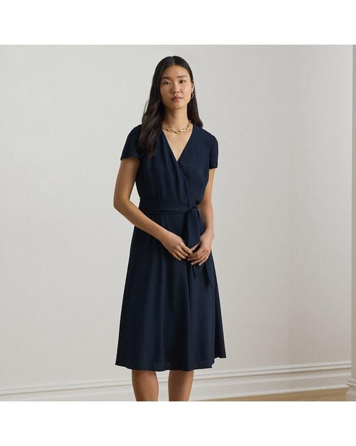 Ralph Lauren Blue Belted Georgette Surplice Dress