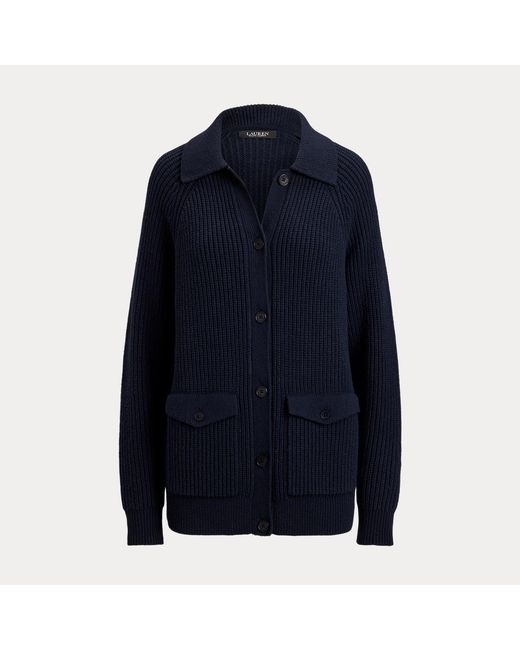 Ralph Lauren Blue Wool-Blend Rib-Knit Collared Cardigan
