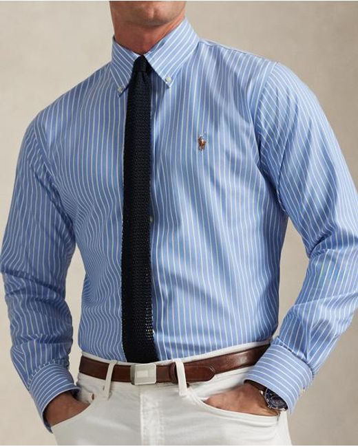 Polo Ralph Lauren Blue Custom Fit Striped Pinpoint Oxford Shirt for men
