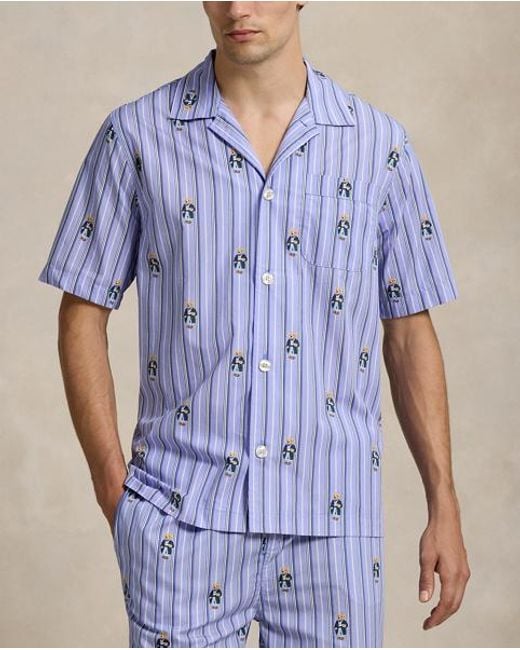 Polo Ralph Lauren Blue Polo Bear Striped Poplin Pyjama Shirt for men