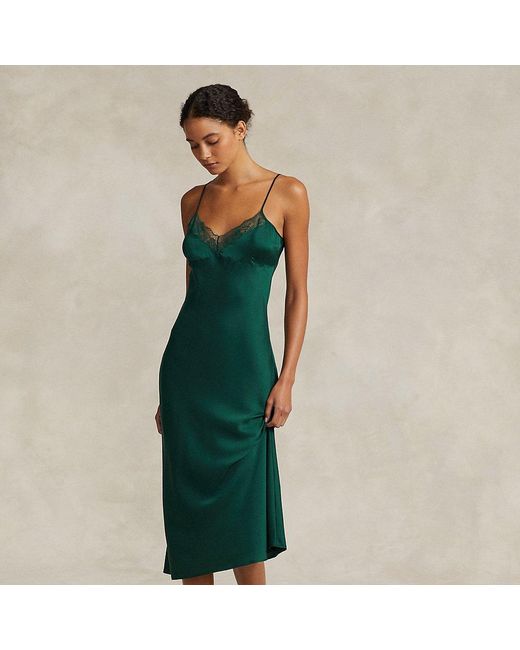 Polo Ralph Lauren Green Lace-trim Silk Slip Dress