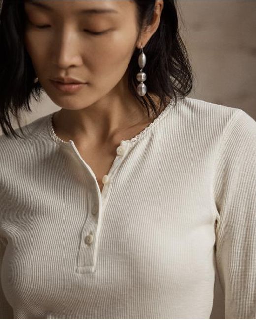 RRL White Stretch Waffle-Knit Henley Shirt