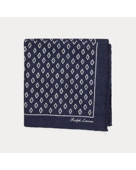 Ralph Lauren Blue Art Deco-Print Linen Neckerchief